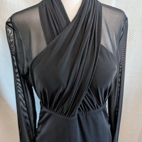 Bardot Black Mesh & Wrap Bodycon Dress Halter-Inspired Bodice Ruched Size 8/M - Picture 3 of 13
